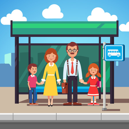 Family husband and wife with kids boy and girl waiting for transit on a city bus stop. Colorful flat style cartoon vector illustration.のイラスト素材
