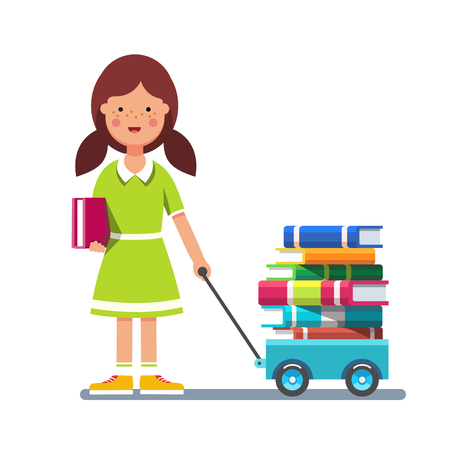 School girl kid pulling wagon cart with pile of books. Little pupil hungry for knowledge. Colorful flat style cartoon vector illustration isolated on white background.のイラスト素材