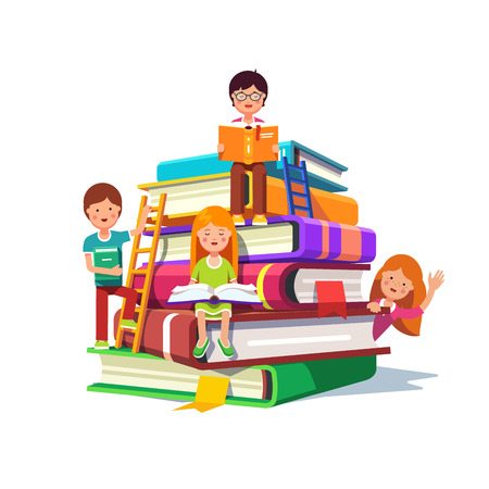 Kids sitting and reading on a huge pile of books with ladders. School education and knowledge concept. Colorful flat style cartoon vector illustration isolated on white background.のイラスト素材