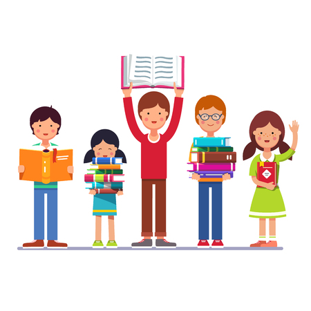 Five school and preschool kids boys and girls holding books in hands. Colorful flat style cartoon vector illustration isolated on white background.のイラスト素材