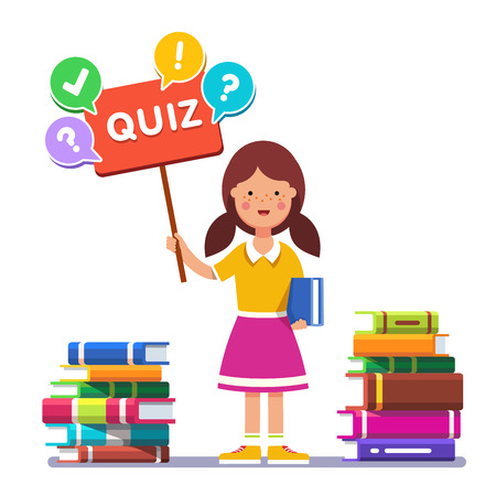 Smart school girl standing near piles of books and holding quiz placard with question mark. Young book reader and erudite ready to play answer game. Flat style vector illustration.のイラスト素材