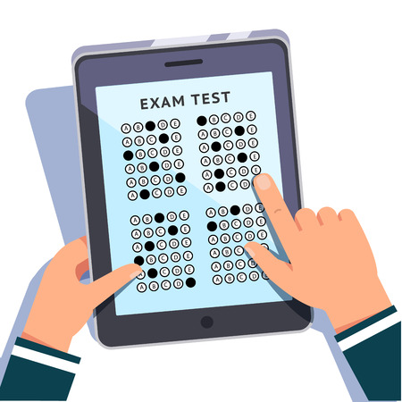 Student filling out answers to exam test answer tapping on a modern tablet computer screen. Education technology concept. Colorful flat style cartoon vector illustration.のイラスト素材