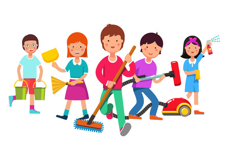 Kids cleaning team doing household chores. Boys and girls cleaners working with mop, broom, vacuum, water buckets. Walking towards viewer. Colorful flat style cartoon vector illustration.のイラスト素材