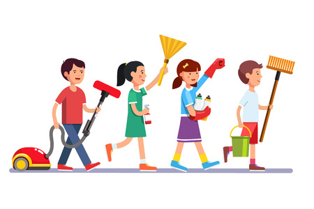 Kids cleaning team doing household chores. Inspired boys and girls cleaners walking in row line with vacuum, brooms and water bucket. Colorful flat style cartoon vector illustration.のイラスト素材