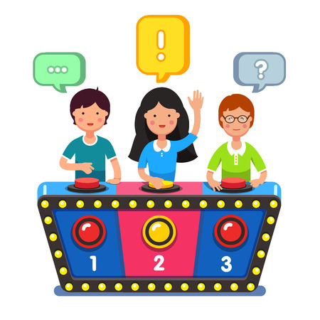 Kids playing quiz game answering questions standing at the stand with buttons. Girl pressed the buzzer first and raised hand up. Colorful flat style cartoon vector illustration.のイラスト素材