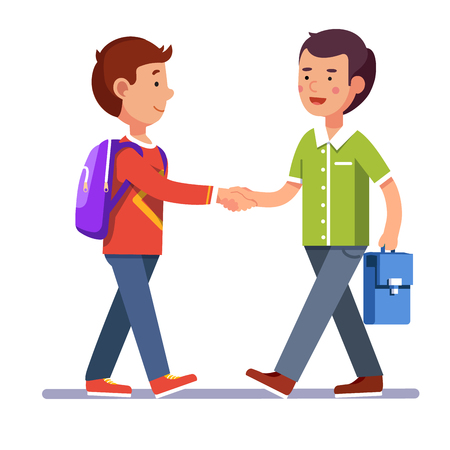 Two boys standing and shaking hands making peace or new acquaintance. School friendship. Colorful flat style cartoon vector illustration.のイラスト素材