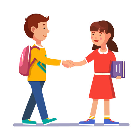 School students boy and girl standing and shaking hands making peace. Future friendship acquaintance. Colorful flat style cartoon vector illustration.のイラスト素材