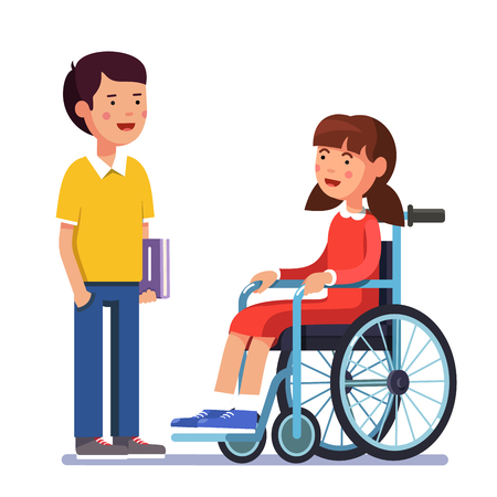 School boy talking to his friend girl who is temporarily disabled and recovering using wheelchair. Handicapped person socialization. Colorful flat style cartoon vector illustration.のイラスト素材