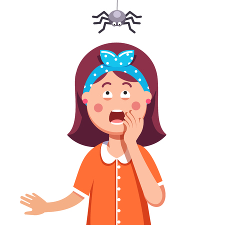 Madly frightened woman. Girl afraid of a spider hanging from the top. Arachnophobia panic attack. Colorful flat style cartoon vector illustration.のイラスト素材