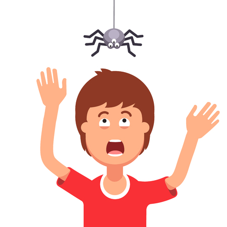 Madly frightened man. Boy afraid of a spider hanging from the top. Arachnophobia panic attack. Halloween prank concept. Colorful flat style cartoon vector illustration.のイラスト素材