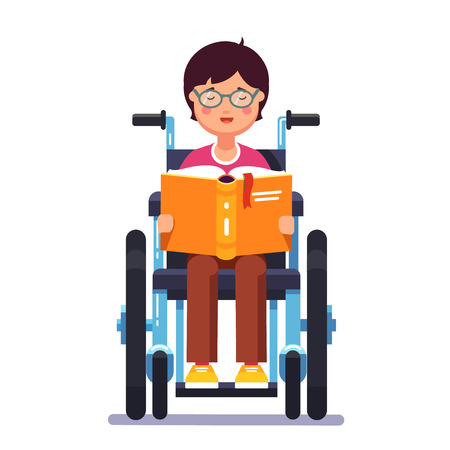 Cute disabled boy kid sitting in a wheelchair and reading a book. Handicapped person. Colorful flat style cartoon vector illustration.のイラスト素材