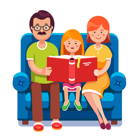 Family. Mom, dad and daughter reading story book together sitting on the couch. Happy parents with their kid. Colorful flat style cartoon vector illustration.のイラスト素材