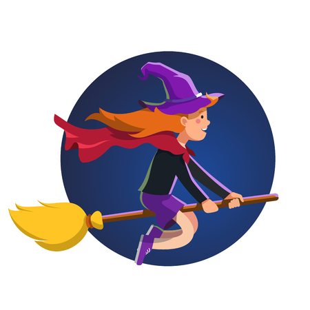 Cute little witch girl in the witches hat flying fast at night on her broom stick with red waving cape. Halloween holiday poster concept. Colorful flat style cartoon vector illustration.のイラスト素材