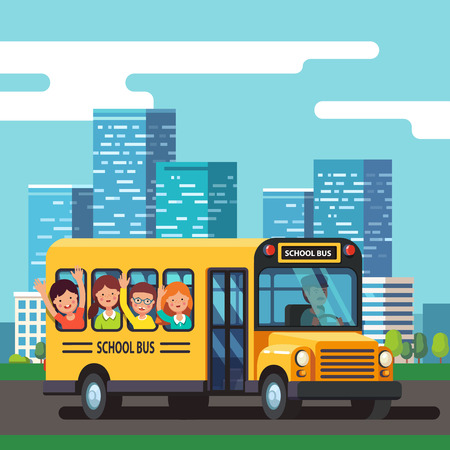 City school bus driver riding urban road with kids. Town skyline background. Colorful flat style cartoon vector illustration.のイラスト素材