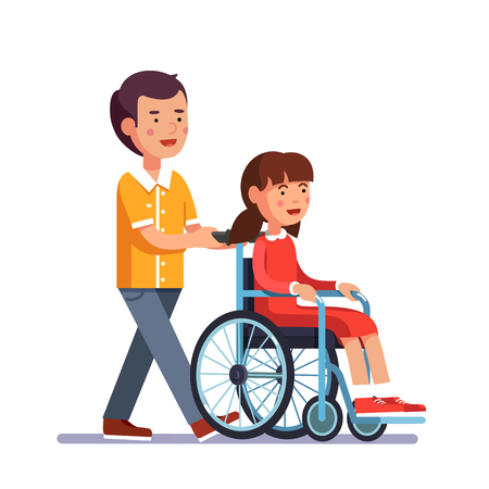 School boy caring about his friend girl who is temporarily disabled and recovering. Kid pushes wheelchair with person. Handicapped person socialization and help. Flat cartoon vector illustration.のイラスト素材