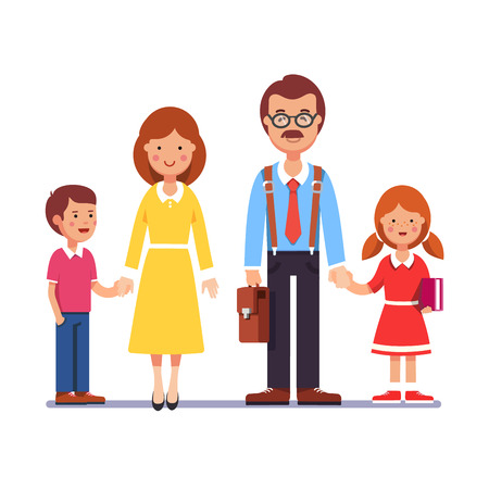 Family husband and wife standing with kids holding hands boy and girl. Mother and father with their children. Colorful flat style cartoon vector illustration.のイラスト素材