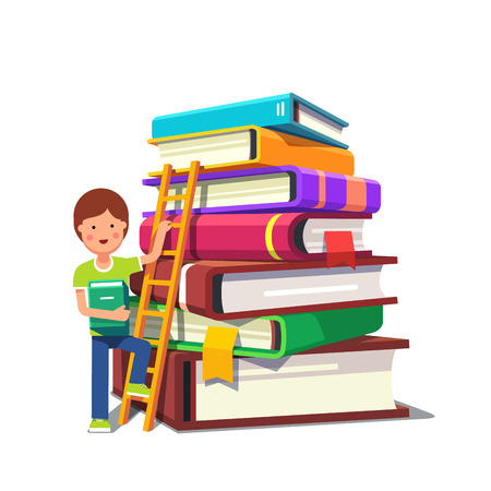 Boy kid climbing up a ladder on a pile of big hard cover books. School education and knowledge growth concept. Colorful flat style cartoon vector illustration isolated on white background.のイラスト素材