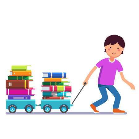School boy kid pulling wagon cart with pile of books. Little pupil hungry for knowledge. Colorful flat style cartoon vector illustration isolated on white background.のイラスト素材
