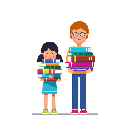 School and preschool kids boy and girl holding big heavy piles of books in hands. Learning needs effort concept. Colorful flat style cartoon vector illustration isolated on white background.のイラスト素材