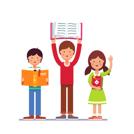 School and preschool kids boy and girl holding books in hands. Colorful flat style cartoon vector illustration isolated on white background.のイラスト素材