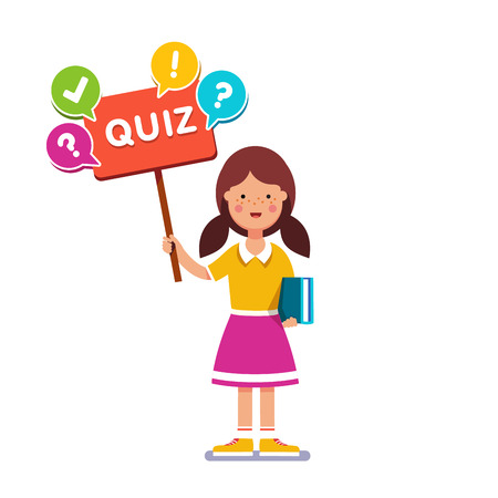 Smart school girl standing with book in hand, holding quiz placard inviting to play. Young book reader and erudite ready to answer game. Flat style vector illustration.のイラスト素材