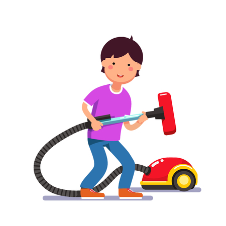 Young boy kid holding electric vacuum cleaner pipe in his hands ready for house cleaning chores. Colorful flat style cartoon vector illustration.のイラスト素材
