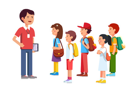 Teacher or coach talking to a group of kids boys and girls. Training them before going to a trip. Colorful flat style cartoon vector illustration.のイラスト素材