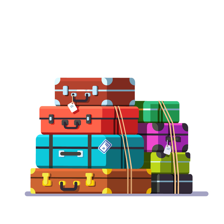 Big packed tightened baggage bags. Retro valise and trunks. Colorful flat style cartoon vector illustration.のイラスト素材
