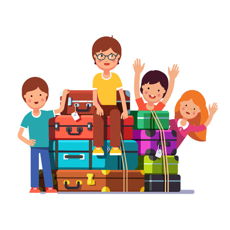 Kids sitting and standing near big travel bags and valises ready to move. Boy and girls packed for traveling. Colorful flat style cartoon vector illustration.のイラスト素材