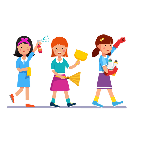 Kids cleaning team doing household chores. Inspired girls cleaners walking in row line with brooms and detergents. Colorful flat style cartoon vector illustration.のイラスト素材