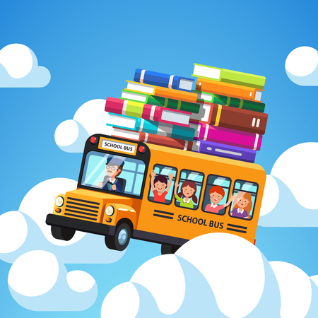 School bus with driver and kids riding high in the blue sky clouds. Books baggage on the roof of the bus. Exiting knowledge concept. Flat style cartoon vector illustration.のイラスト素材