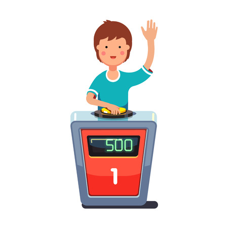 School kid playing quiz game answering question standing at the stand with button. Boy pressed the buzzer first and raised hand up. Colorful flat style cartoon vector illustration.のイラスト素材