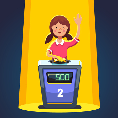 School kid playing quiz game answering question standing at the stand with button. Girl pressed the buzzer first and raised hand up in the light of spotlight. Colorful flat cartoon vector illustrationのイラスト素材