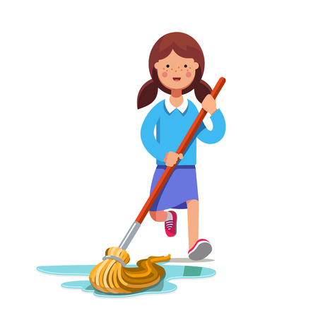 Kid cleaning floor with dust mop wet broom. Inspired girl doing household chores. Colorful flat style cartoon vector illustration.のイラスト素材