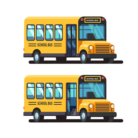 Yellow school bus 3d side view with closed and opened doors. Colorful flat style vector illustration isolated on white background.のイラスト素材