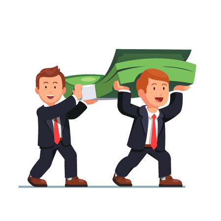 Two business man carrying huge money bundle. Businessman walking with dollar banknotes cash. Flat style vector illustration isolated on white background.のイラスト素材