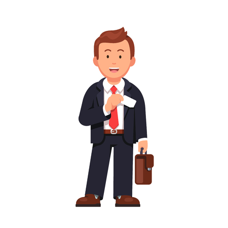 Standing business man with a briefcase taking out business card from his jacket pocket. Flat style vector illustration isolated on white background.のイラスト素材