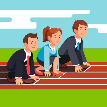 Business man and woman sitting in starting position at start line ready to sprint run on race track. Businessman competition. Flat style vector illustration isolated on white background.のイラスト素材