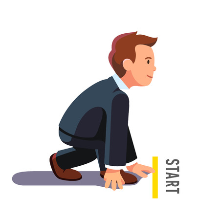 Business man in starting position ready to sprint run. Side view. Flat style vector illustration isolated on white background.のイラスト素材
