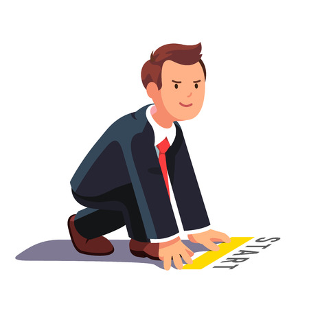 Business man in starting position ready to sprint run. Side view. Flat style vector illustration isolated on white background.のイラスト素材