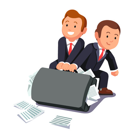 Two lawyers dragging huge heavy bloated briefcase full of papers and documents. Business man team doing paperwork. Legal burden concept. Flat style vector illustration.のイラスト素材