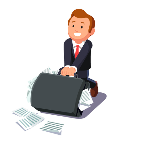 Businessman dragging huge heavy bloated briefcase full of papers and documents. Lawyer man paperwork and legal burden concept. Flat style vector illustration.のイラスト素材