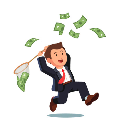 Businessman trying to catch flying money with a butterfly net. Happy running entrepreneur man using business opportunity to scoop some dollar bills. Flat style vector illustration.のイラスト素材