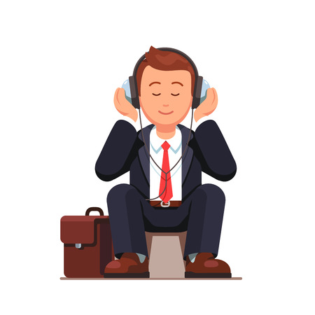 Business man listening to music wearing big headphones and sitting near his briefcase. Flat style vector illustration isolated on white background.のイラスト素材