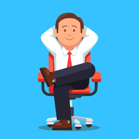 Businessman sitting calmly on a casters chair legs crossed and hands behind head. Business boss man resting in a calm pose. Flat style vector illustration isolated on white background.のイラスト素材