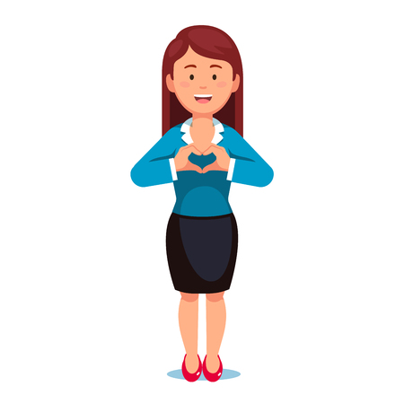 Standing business woman showing heart sign with her hands expressing love, passion, support and care. Flat style vector illustration isolated on white background.のイラスト素材