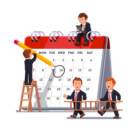 Company business team working together planning and scheduling their operations agenda on a big spring desk calendar. Drawing circle mark with pencil standing on ladder. Flat style vector illustrationのイラスト素材