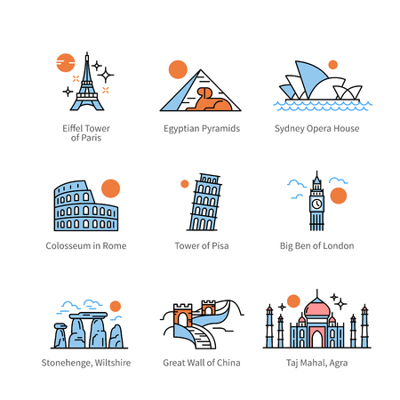 City travel landmarks and tourist attraction iconsのイラスト素材