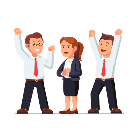 Business man and woman raising hands up over headsのイラスト素材