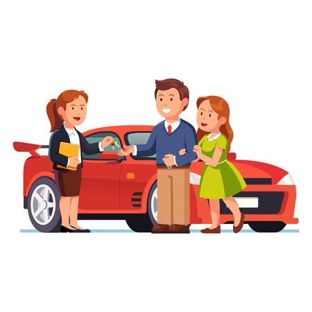 Young couple buying or renting new red carのイラスト素材